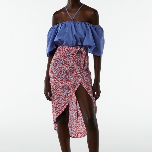 zara Dresses & Skirts - Zara Red & Blue Floral Midi Skirt Size XS